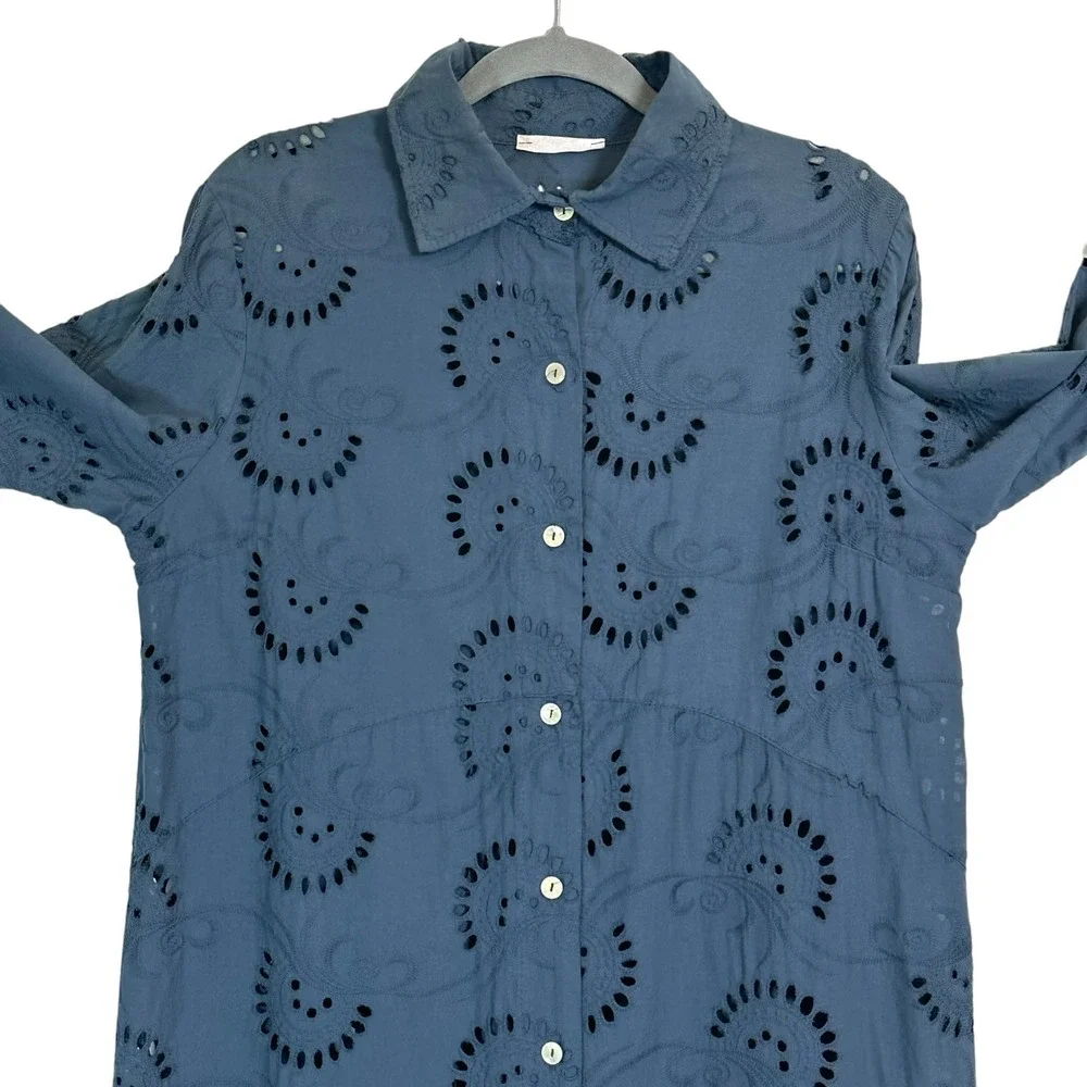 Italian Cotton Eyelet Shirt Dress Blue Embroidered Tunic Long Sleeve L - Picture 4 of 11